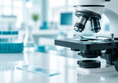 Microscopio y lámina de laboratorio para el análisis de semen o espermiograma