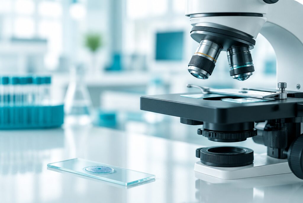 Microscopio y lámina de laboratorio para el análisis de semen o espermiograma